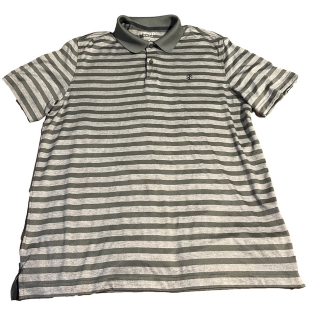 Izod Mens Polo Shirt Gray Sz Medium Short Sleeve Golf Stretch Striped EUC